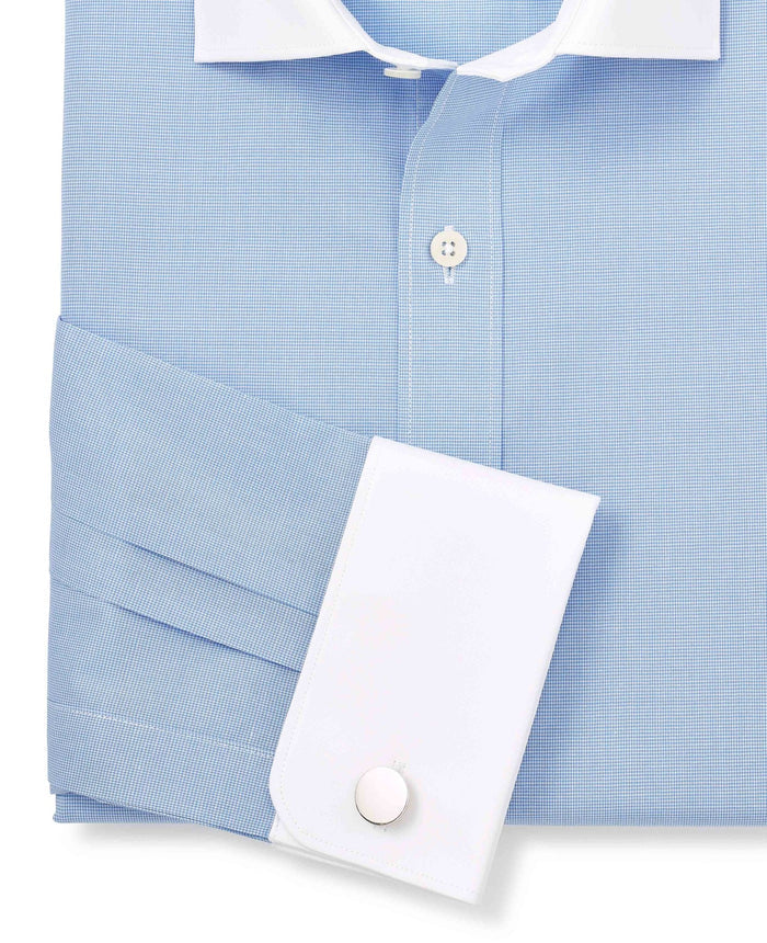 Men's Blue Cotton Check Slim Fit Winchester Formal Shirt With Double Cuff sleeve detail
