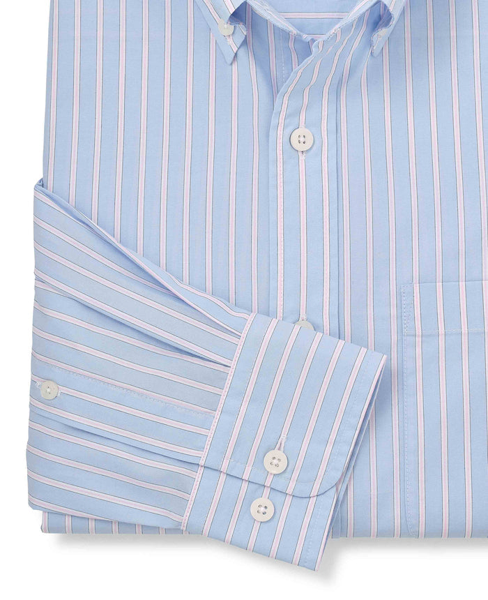 Men's Blue Pink Cotton Poplin Classic Fit Stripe Button-Down Smart Casual Shirt sleeve detail