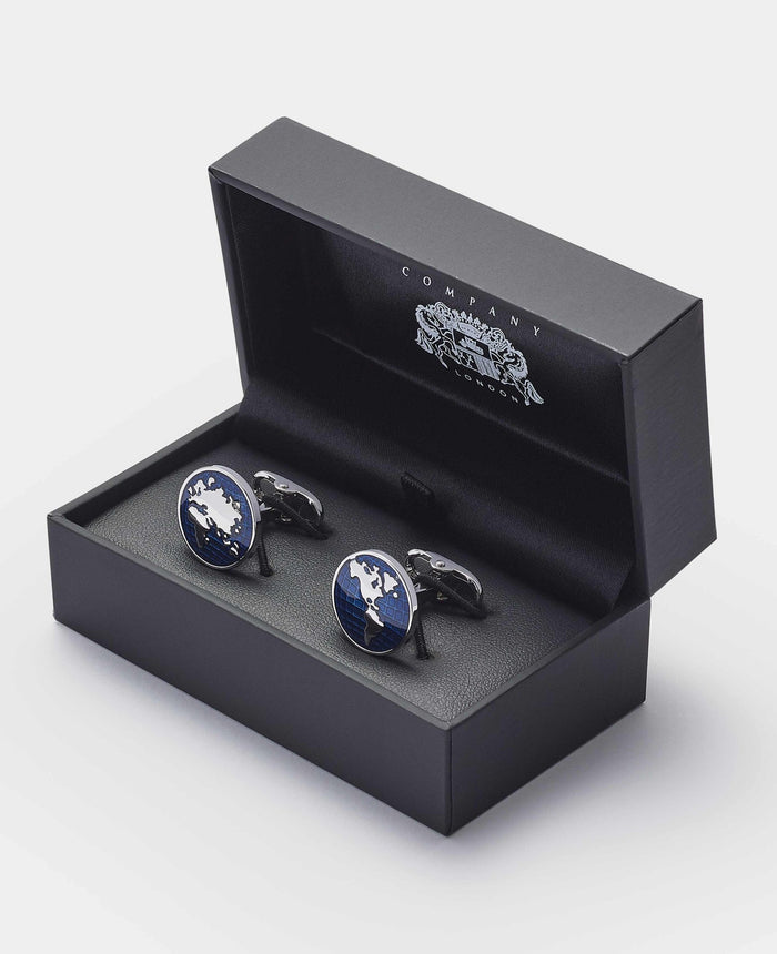 Men's Blue Rhodium Plated Circle Cufflinks in box