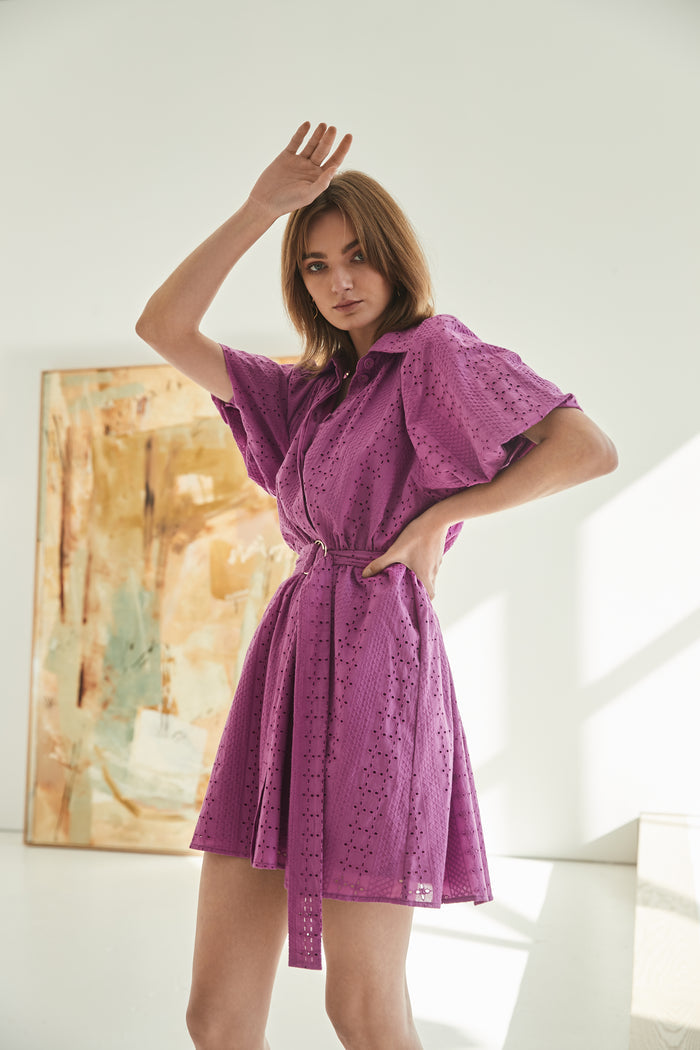 women’s broderie mini dress in bold Orchid purple