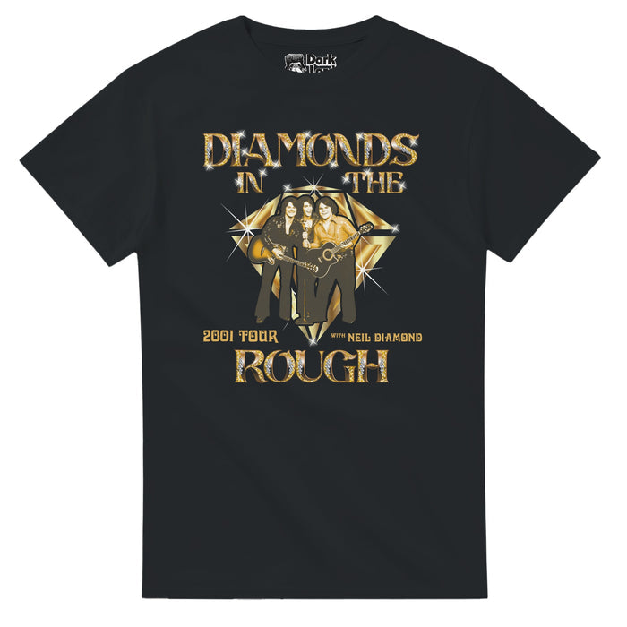 A retro, 70s style black t-shirt that says "Diamonds in the Rough 2001 Tour with Neil Diamond" in sparkly and glittering golden letters with an image of the three performers holding acoustic and electric guitars against a backdrop of a shining golden yellow diamond. References the romantic comedy movie Saving Silverman starring Darren Silverman (Jason Biggs), Wayne LeFessier (Steve Zahn), and J.D. McNugent (Jack Black), fans of Neil Diamond with a tribute band.