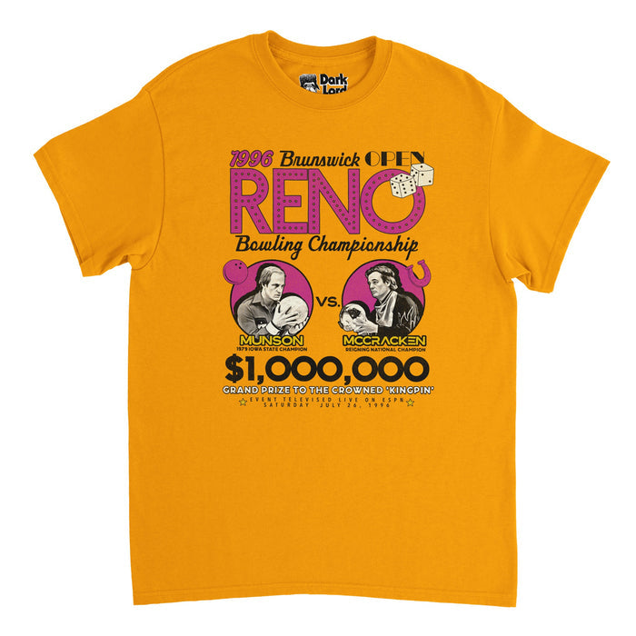 A vintage yellow colored t-shirt that says "1996 Brunswick Open Reno Bowling Championship, Munson vs. McCracken,, $1,000,000 Grand Prize to the Crowned 'Kingpin', Event televised live on ESPN Saturday, July 26, 1996" with image of Munson (Woody Harrelson) next to a pink bowling ball, saying "1979 Iowa State Champion", and McCracken (Bill Murrya) in black and white on a pink background with a pink horseshoe, and says "Reigning national champion". References the 1996 comedy movie Kingpin.