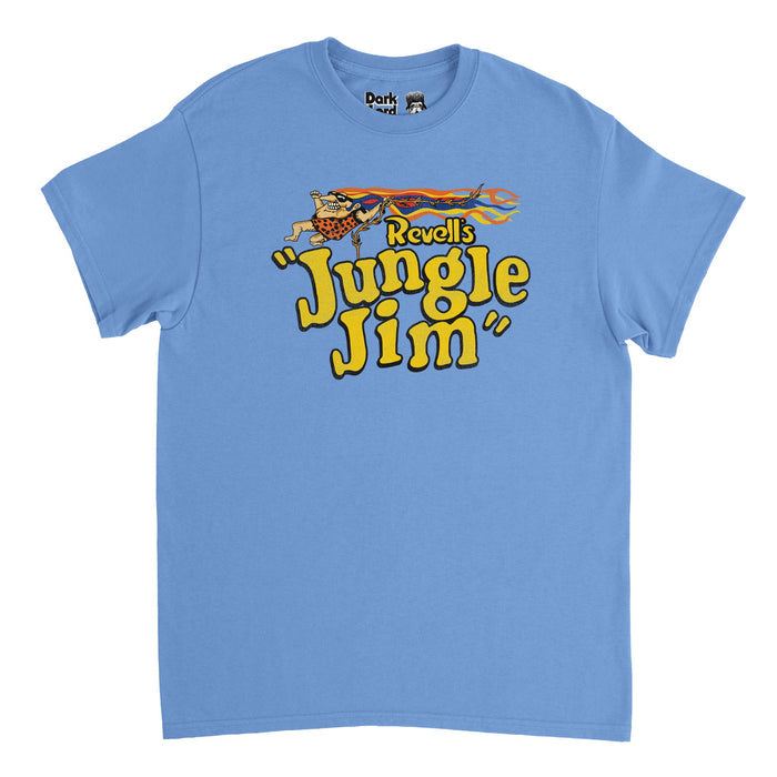 A light blue, retro 80s style short sleeved t-shirt that says in bright yellow bubble letters 'Revell's "Jungle Jim"' underneath the image of a guy with glasses and flaming hair in multiple colors flaring behind him, grabbing onto a tree branch. References Russell James Liberman, the American funny car drag racer, who had the nickname "Jungle Jim" and was one of the top NHRA drivers ever, as well as the toy named after him, a Revell model kit.