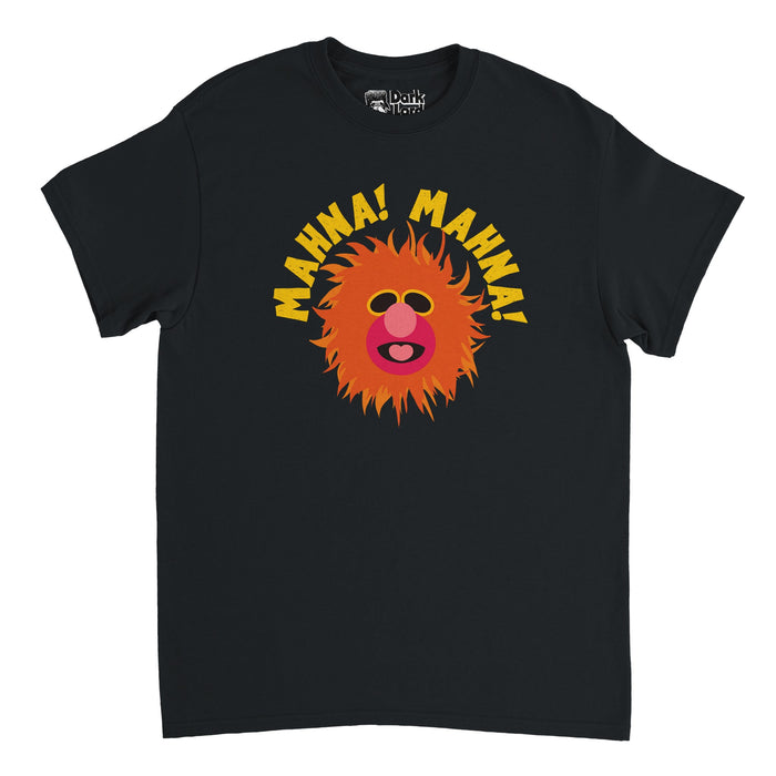 A retro black colored retro, 70s style t-shirt that says "Mahna! Mahna!" in yellow with an image of the purple muppet with orange hair and a pink nose and heart mouth. References his name and song "Mah Na Mah Na" with the Snowths which he sang on the Ed Sullivan Show.