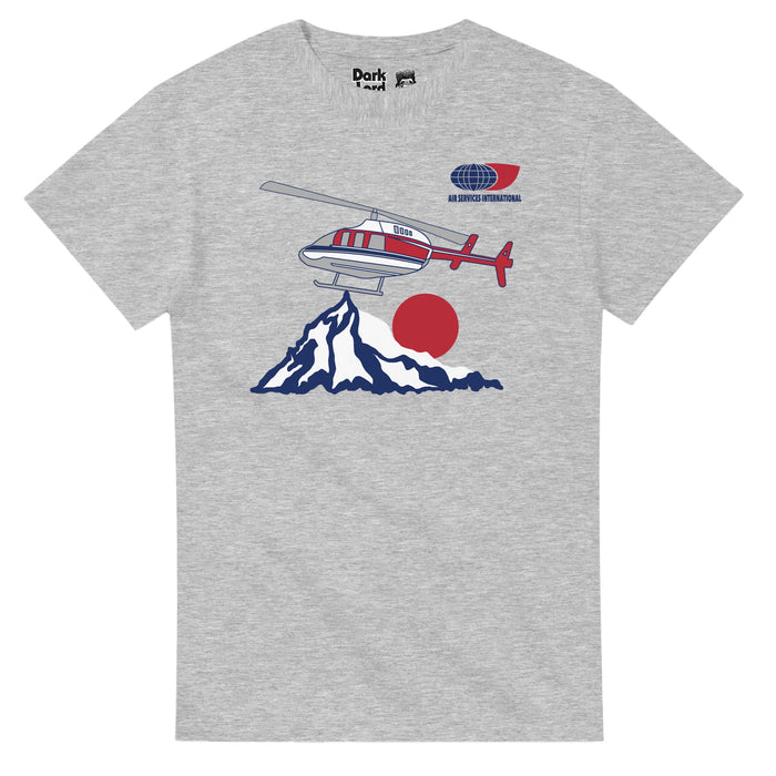 A retro, heather gray vintage short sleeved t-shirt that says Air Services International in navy blue beneath an image of the ASI logo, a globe with a red tail and includes the image of a red, navy blue, gray, and white helicopter flying above a navy snow colored mountain with a red sun setting in the distance, referencing the aerospace company from Phoenix Arizona. References the character Napoleon, played by famous actor Jon Heder, from the 2004 comedy indie film "Napoleon Dynamite", who wore