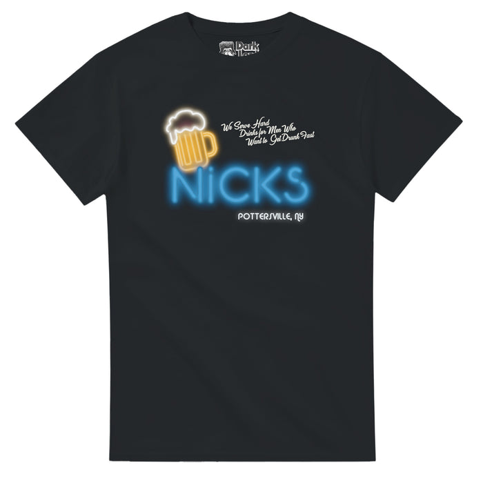 A retro, black colored 80s style t-shirt that says NICKS in neon blue letters - referencing a bar -with a neon image of a yellow mug of beer, spilling over the top, and the quote "We Save Hard Drinks for Men Who Want to Get Drunk Fast" with location "Pottersville, NY". References the quote from character Nick, played by Sheldon Leonard, in the fantasy family 1946 classic film "It's a Wonderful Life" directed by Frank Capra and starring James Stewart, Donna Reed, Karolyn Grimes, and Virginia Pat