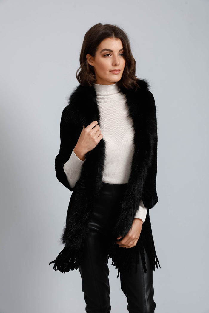 faux fur trimmed wrap cardigan in black