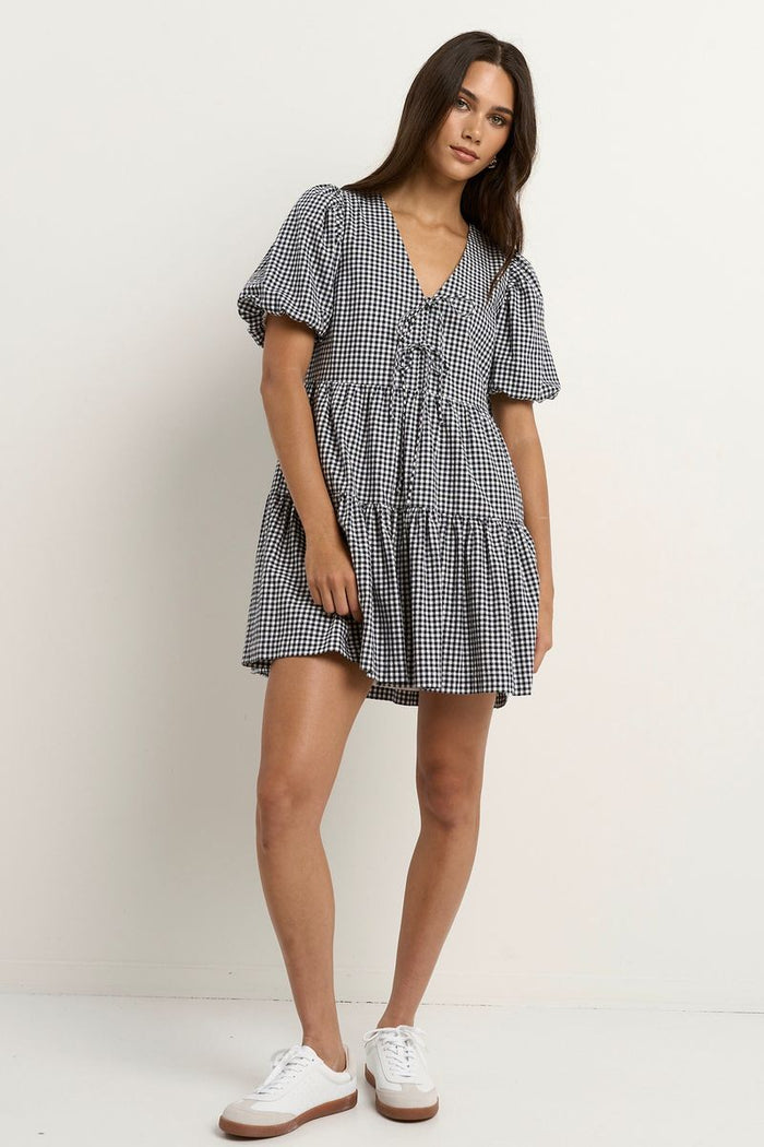 Roam Puff Sleeve Tie Front Dress Navy Gingham