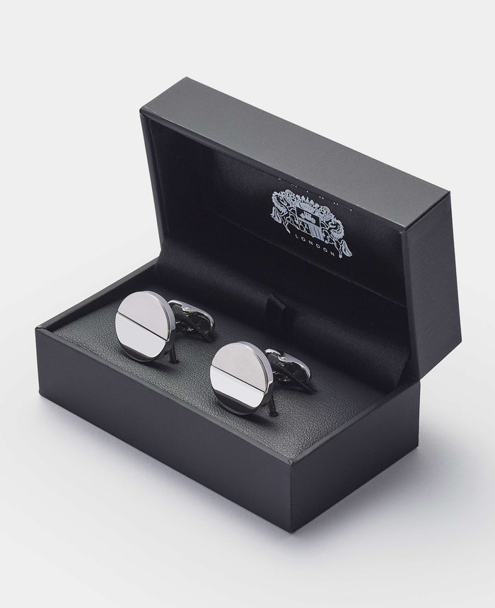 Men's Silver Rhodium Plated Circle Cufflinks in box