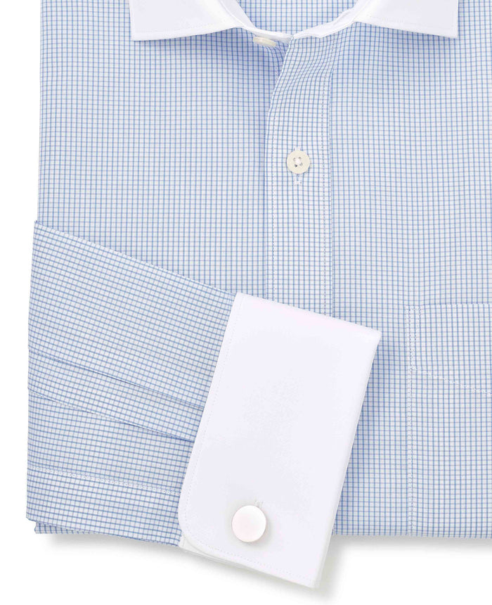 Men's Sky Blue Cotton Window Check Classic Fit Winchester Formal Shirt With Double Cuffs sleeve detail