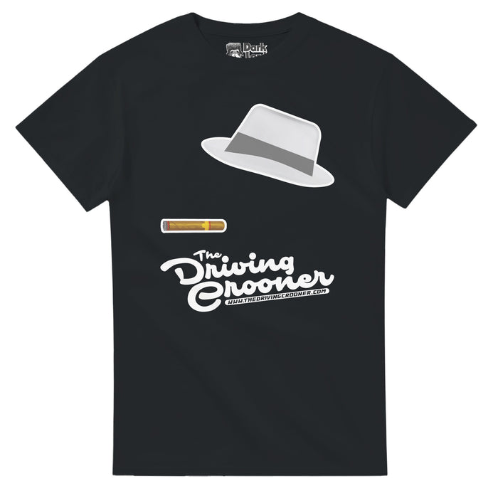 A retro black colored souvenir t-shirt with a gray bowler hat and a yellow cigar & says "The Driving Crooner" with the website "www.thedrivingcrooner.com". References the skit "The Driving Crooner" from season 3 of the sketch comedy series "I Think You Should Leave" from Netflix created by Tim Robinson and Zach Kanin which Tim Robinson's character calls himself The Driving Crooner, has hat and cigar decals on his car, makes a fish face whenever people drive by his car, and has a feud with frat b