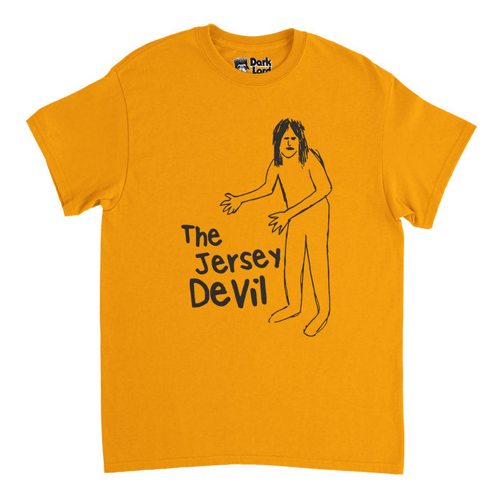 A retro, yellow colored 70s style t-shirt that says "The Jersey Devil" beside an image of a drawing of a naked person standing with long hair. References the drawing created in the episode "The Jersey Devil" from the thriller drama tv series "The X Files" and investigate murders they attribute to the legendary folk monster in South Jersey, also known as the Leeds Devil.