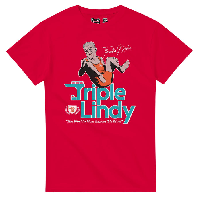 A retro, 70s style bright red t-shirt that says "Triple Lindy" and "The World's Most Impossible Dive!" with an emblem that says "Glu Varsity Dive Team" and the graphic of a blonde curly haired guy wearing an orange swimsuit next to his name, Thornton Melon. References the iconic comedy 1986 movie "Back To School" in which character Thronton Melon, played by iconic actor Rodney Dangerfield, dives into a pool with multiple flips, known as the Triple Lindy.