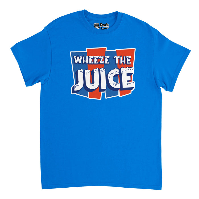 A vintage, 70s style blue t-shirt that says "Wheeze the Juice" in white bubble letters covered in ice and snow on a red and blue geometric background representing the Icee drink logo. References the quote by Pauly Shore and Brendan Fraser from the 1992 comedy/sci-fi movie "Encino Man".