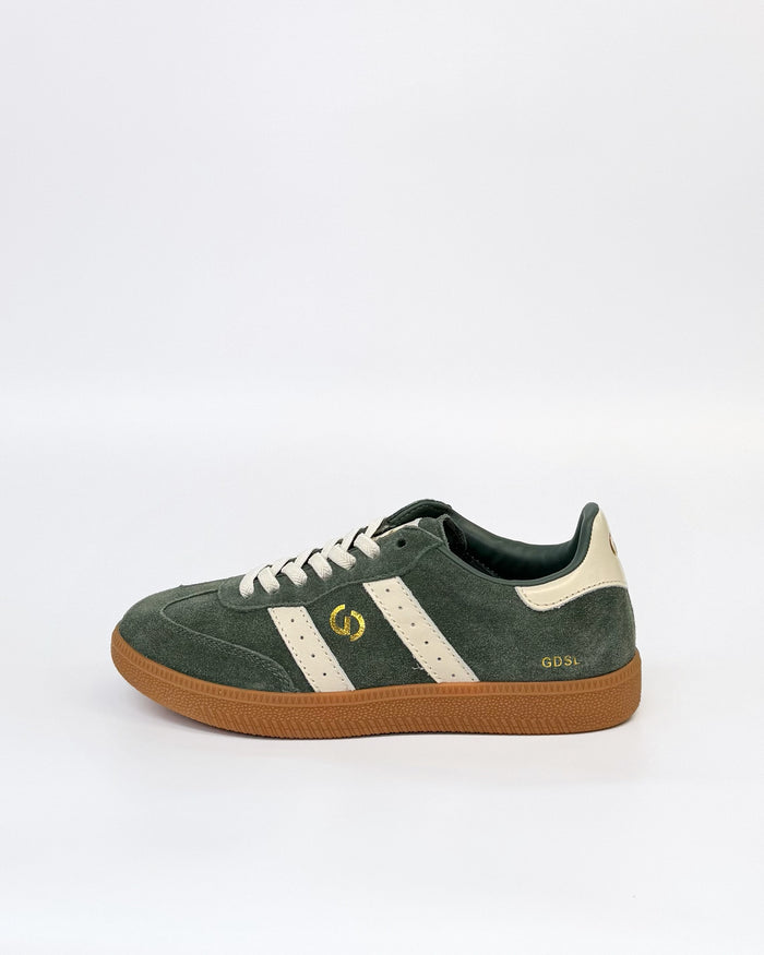 women’s green suede sneakers with ivory stripes