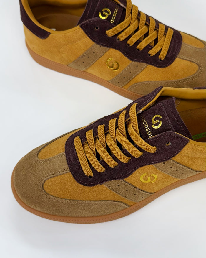 GoodSole 2001 Parallel Mustard/Choc Multi Suede Sneaker | Women's Sneakers | Gretel Lane