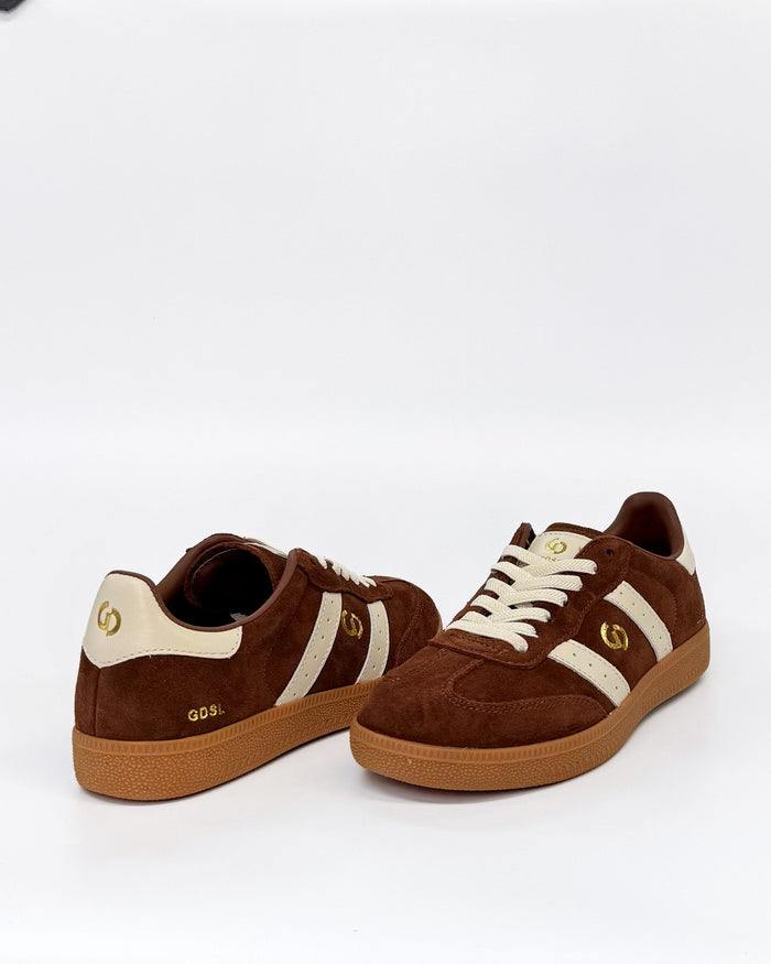 women’s brown suede sneakers with ivory stripes