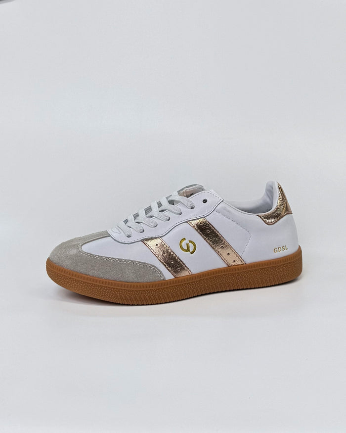 GoodSole 2001 Parallel Women's Sneaker in White/Gold Leather | Gretel Lane