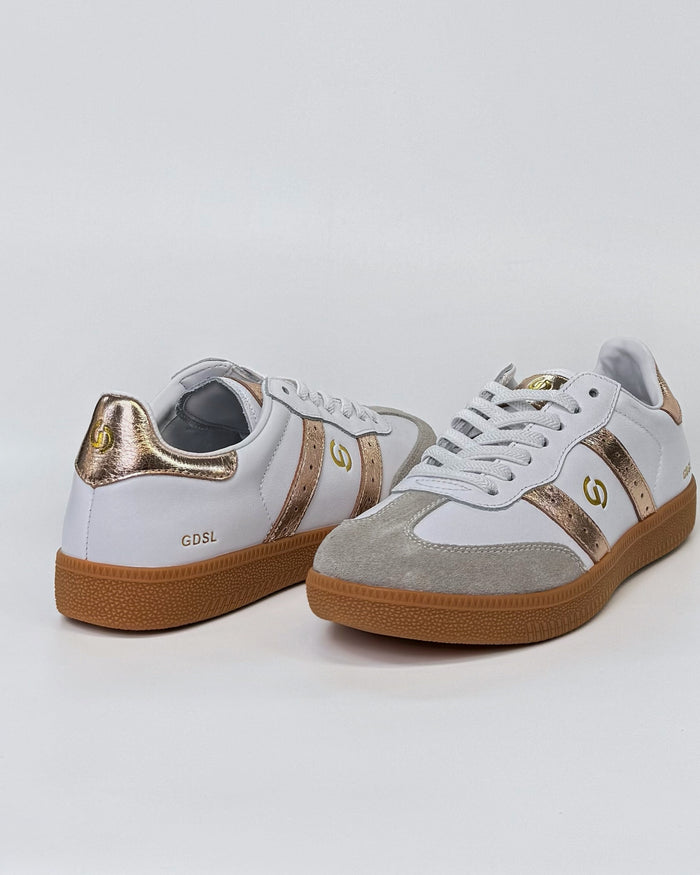 GoodSole 2001 Parallel Women's Sneaker in White/Gold Leather | Gretel Lane