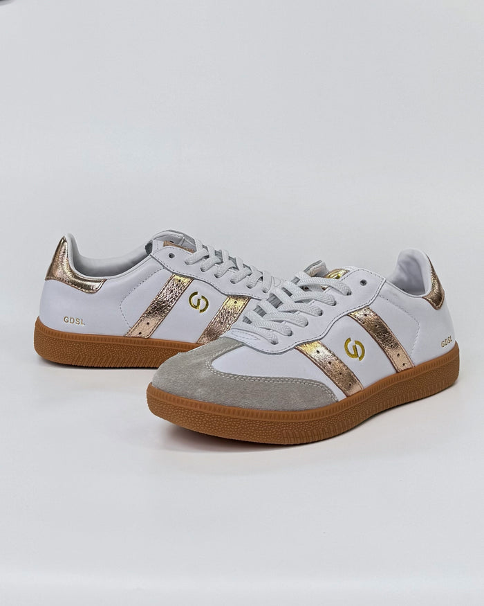 GoodSole 2001 Parallel Women's Sneaker in White/Gold Leather | Gretel Lane