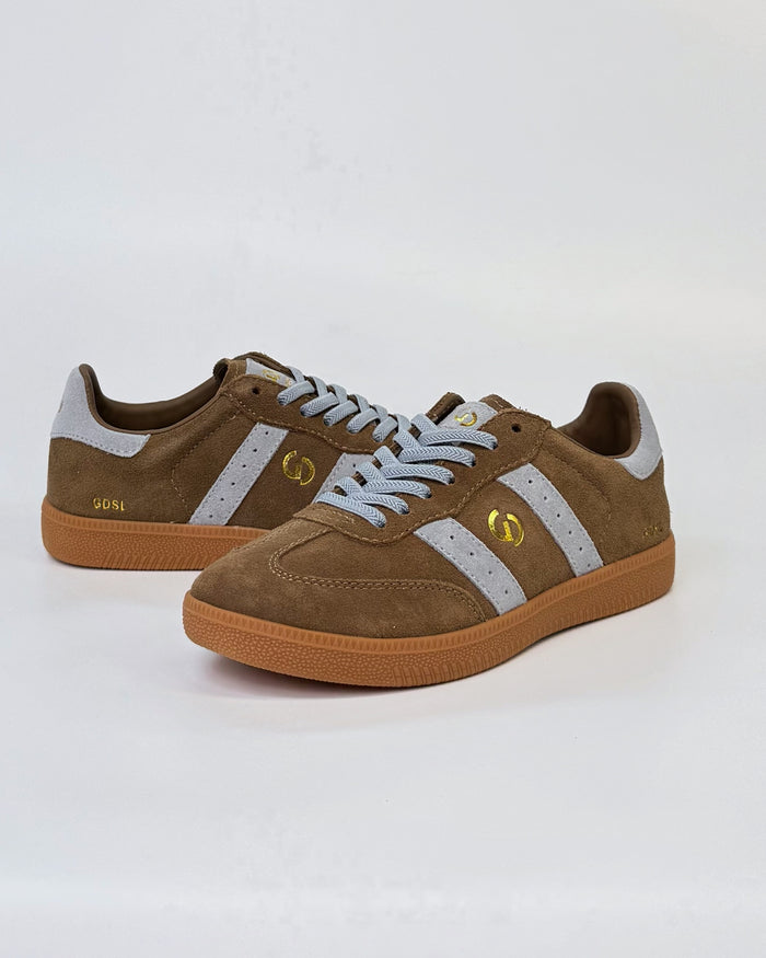 GoodSole 2001 Parallel Women's Sneaker in Smoke Brown/Smoke Blue Suede | Gretel Lane