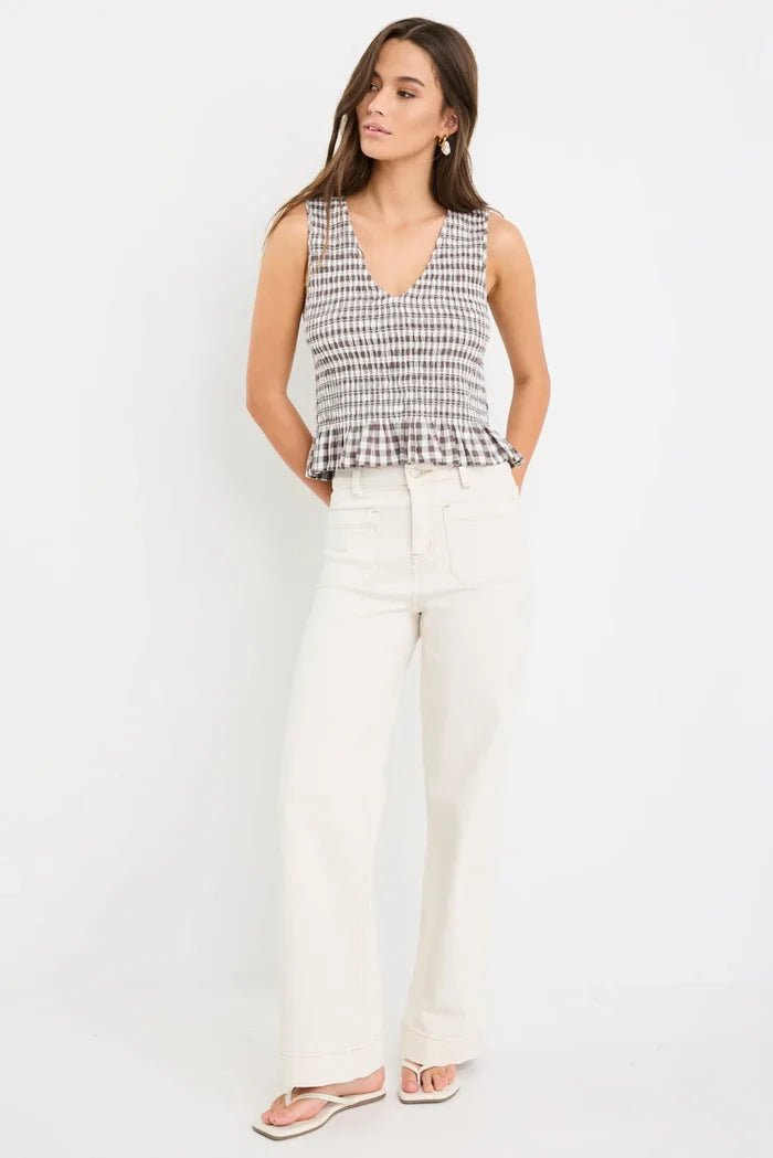 Women's chocolate gingham sleeveless top shirred blouse