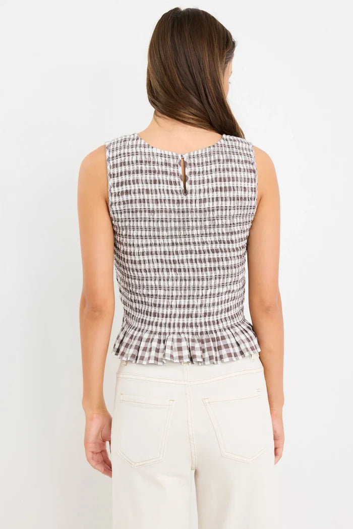 Among the Brave sleeveless gingham top in chocolate check shirred blouse