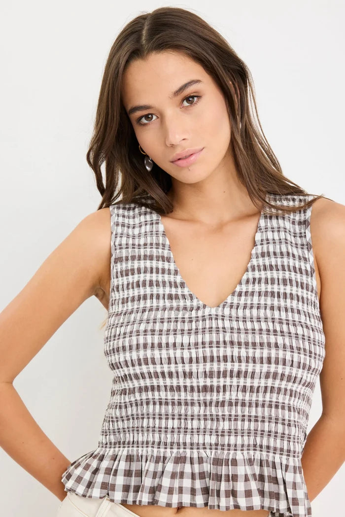 sleeveless chocolate gingham summer top V-neck blouse | Among the Brave
