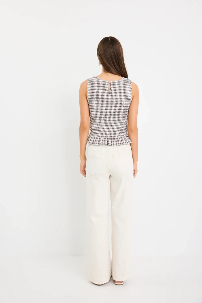 Women's chocolate gingham top V-neck sleeveless shell summer blouse