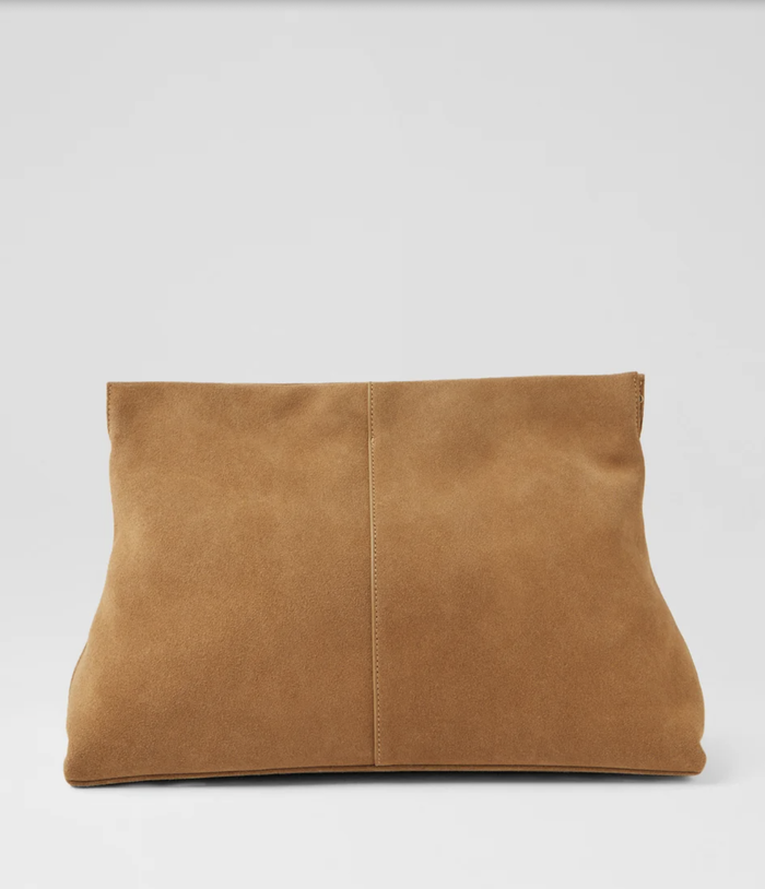 Mollini AEVIE Camel Suede clutch bag | soft suede leather handbag