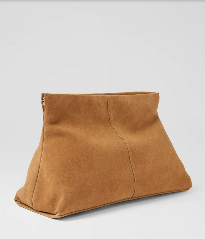 Women's camel suede evening clutch | oversized leather handbag