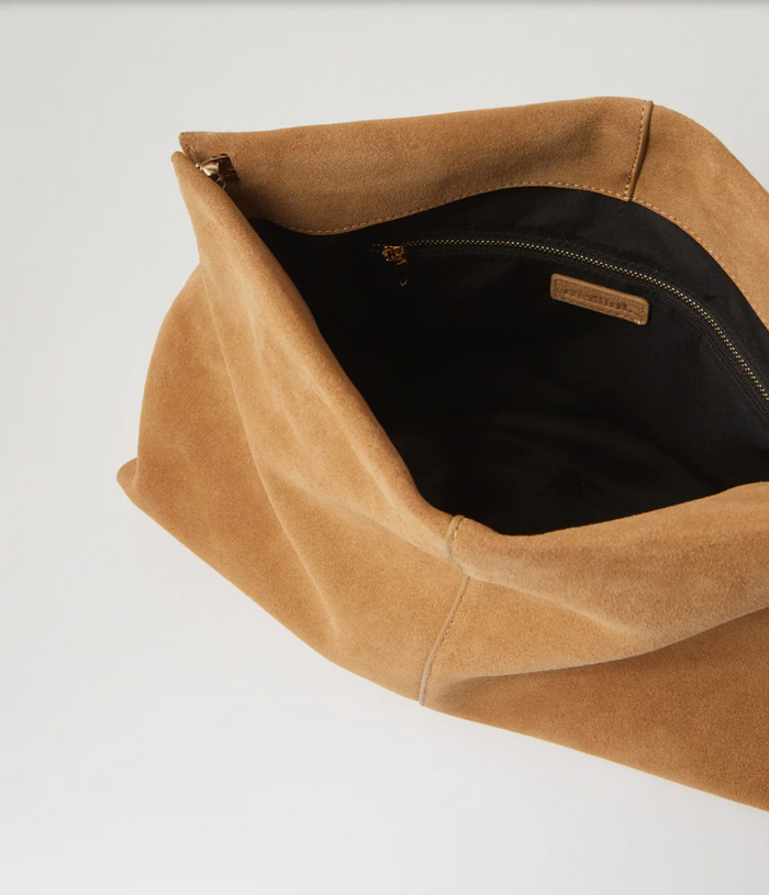 Women's oversized camel suede leather handbag by Mollini