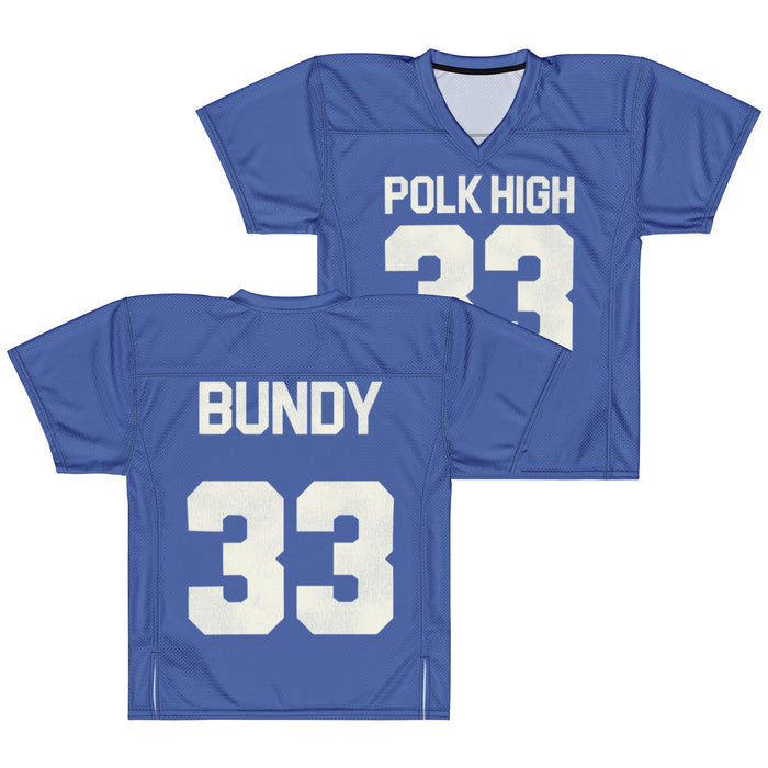 A retro, American football jersey in the color blue that says POLK HIGH on the front and BUNDY on the back, the number 33 on both sides in white text. References the television sitcom "Married... with Children" from 1987 and the main character Al Bundy, who wore this jersey in high school, played by legendary football player and actor Ed O'Neill.