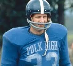 A man wearing a football helmet and a blue jersey that says "Polk High" and has the number 33. From the TV sitcom show "Married... With Children" referencing the character Al Bundy played by Ed O'Neill.