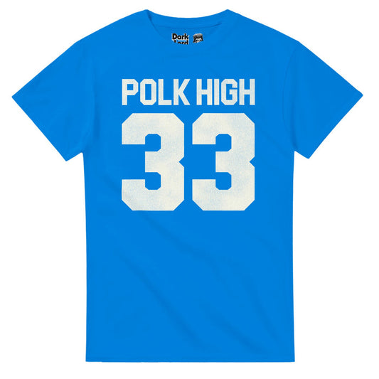The front of a bright blue, vintage souvenir short sleeved t-shirt that says "Polk High" and the number "33" akin to a sports jersey. A direct replica of the shirt that character Al Bundy (portrayed by actor Ed O'Neill) played in the famous comedy television series from the 1980s and 1990s "Married... with Children" in which he attended Polk High School and was its star fullback football player.