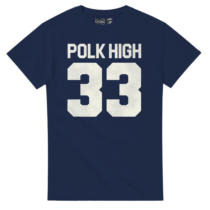 The front of a navy retro 80s style short sleeved souvenir t-shirt that says Polk High with the number 33. References the 1987 hilarious sitcom "Married... with Children" in which character Al Bundy, played by famous actor Ed O'Neill, wore this shirt as a highschool football star attending Polk High School.