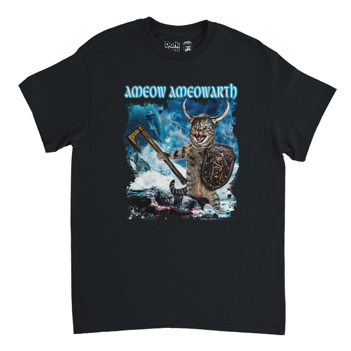 A retro black colored 80s style short sleeved t-shirt that says "Ameow Ameowarth" in blue letters above an image of a cat roaring with a huge ax and middle ages style shield with a vikings hat on with lightning and stormy waters and a dragon in the background. It is a heavy metal cat t-shirt, referencing the band Amon Amarth as a parody, which is a death metal band, often known as "Viking metal" popular for metalheads with hits like "The Pursuit of Vikings", "Raise Your Horns", and "Guardians of