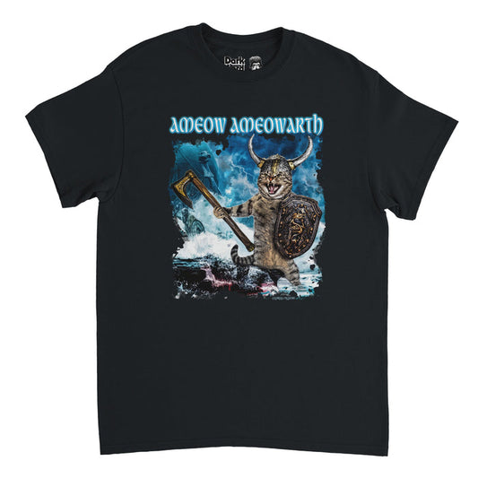 A retro black colored 80s style short sleeved t-shirt that says "Ameow Ameowarth" in blue letters above an image of a cat roaring with a huge ax and middle ages style shield with a vikings hat on with lightning and stormy waters and a dragon in the background. It is a heavy metal cat t-shirt, referencing the band Amon Amarth as a parody, which is a death metal band, often known as "Viking metal" popular for metalheads with hits like "The Pursuit of Vikings", "Raise Your Horns", and "Guardians of