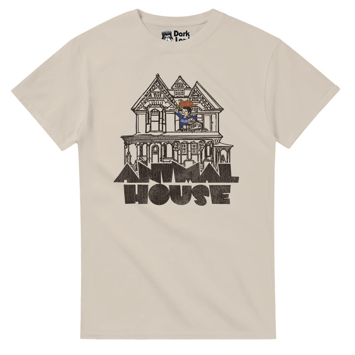 A retro sand colored short sleeved souvenir t-shirt that says Animal House in bold black funky text under an image of a large sketched black and white house with a guy wearing a blue shirt that says 'college' waving a Delta Tau Chi orange and yellow flag. References the 1978 comedic drama film "Animal house" about a fraternity at Faber College created by National Lampoon and starring John Belushi as John "Blutoo" Blutarsky, Tim Matheson as Eric "Otter" Stratton, and Tom Hulce as Larry "Pinto" Kr
