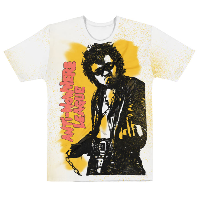 A retro, 80s style short sleeved white t-shirt that says "Anti-Nowhere League" in sideways bold red bubble letters next to the image of a rocker with chains, a belt, a leather jacket, and sunglasses on a background of yellow splotches. References the famous English punk rock band Anti-Nowhere League headed by Animal (Nick Culmer), Mago (Chris Exall), bones (Tony Shaw) and Chris Elvy.
