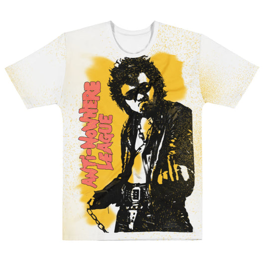 A retro, 80s style short sleeved white t-shirt that says "Anti-Nowhere League" in sideways bold red bubble letters next to the image of a rocker with chains, a belt, a leather jacket, and sunglasses on a background of yellow splotches. References the famous English punk rock band Anti-Nowhere League headed by Animal (Nick Culmer), Mago (Chris Exall), bones (Tony Shaw) and Chris Elvy.