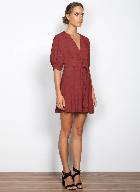 Aries Tie Waist Mini Dress Brick | Wish