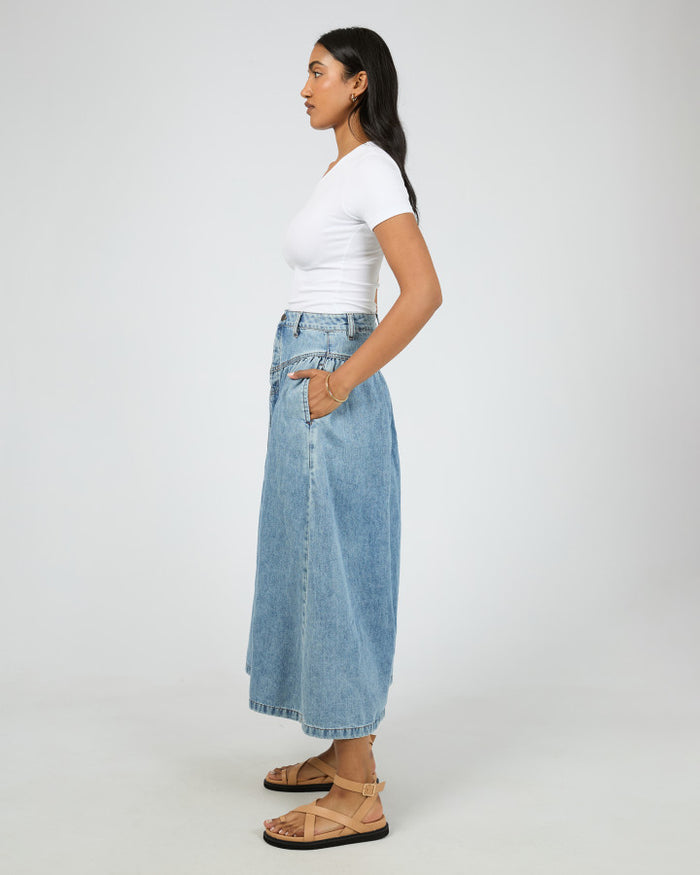 Women's light wash denim maxi skirt | All About Eve