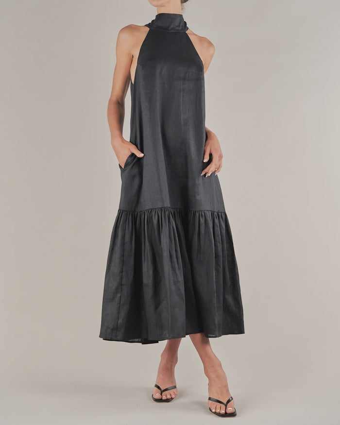 Aruba Linen Tie-Neck Dress (Black)