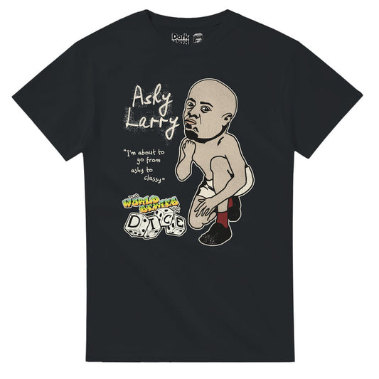 A vintage, souvenir black colored t-shirt that says "Ashy Larry" with the quote "I'm about to go from ashy to classy" and "The World Series of Dice" logo in the colors green and yellow with images of multiple dice and a graphic of Ashy Larry's character, played by actor Donnell Rawlings, with a beard, wearing red socks, white shorts, and black shoes. References "From Ashy to Classy" from "Chappelle's Show", a sketch comedy tv series created by Dave Chappelle and Neal Breenan, Chappelle as its ho