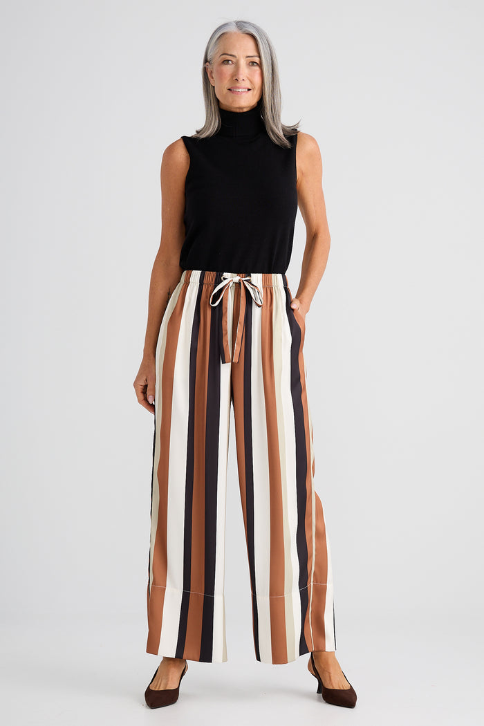 Brave + True Astrid Satin Pant in Tan and Black Stripe | Women's Clothing | Gretel Lane