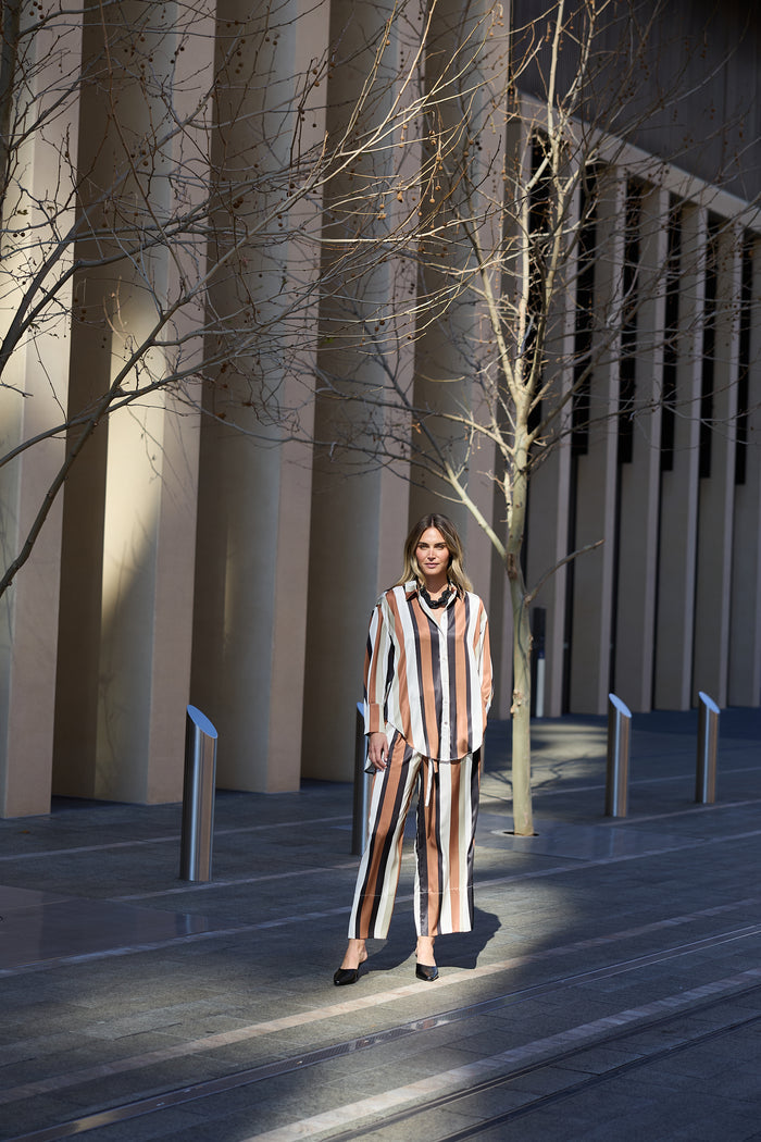 Brave + True Astrid Satin Pant in Tan and Black Stripe | Women's Clothing | Gretel Lane
