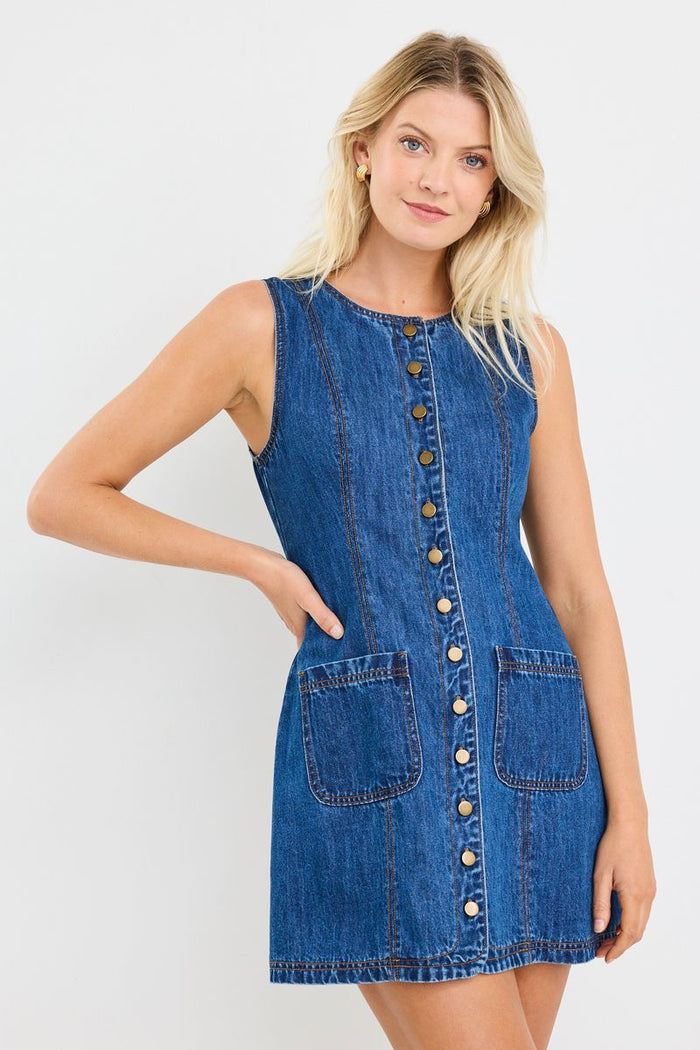 fitted denim mini dress in classic Marine Blue