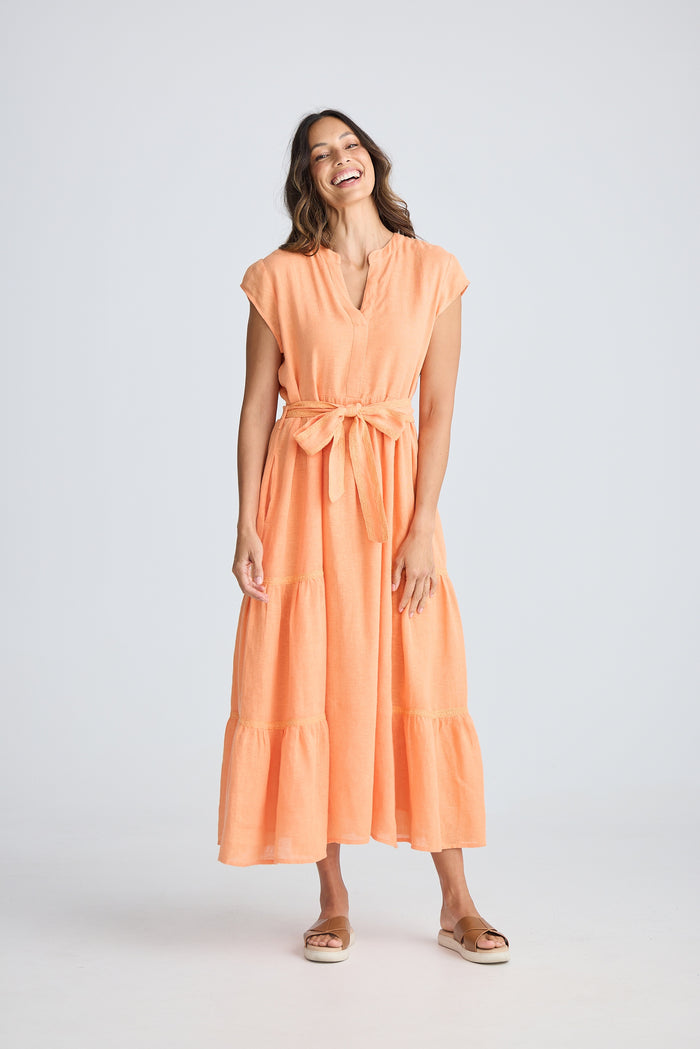 Holiday Avery Dress in Coral | Orange Linen Maxi Dress with Self-Tie Waist | Women's Clothing Australia