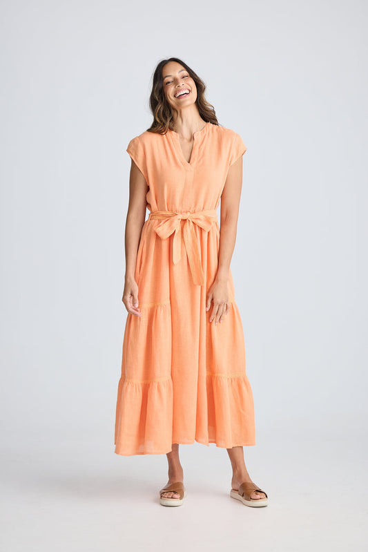 Holiday Avery Dress in Coral | Orange Linen Maxi Dress with Self-Tie Waist | Women's Clothing Australia